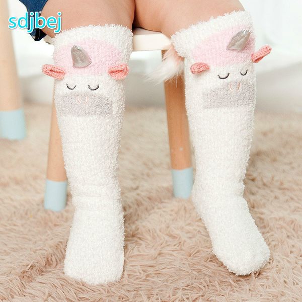 

winter cute animals baby socks knee high cotton coral fleece warm thick christmas sock anti slip cartoon for toddler, Pink;yellow