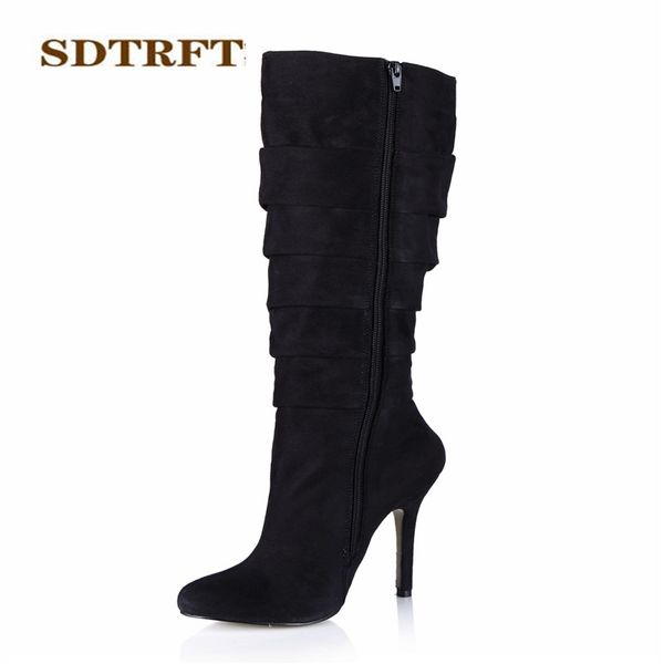 

sdtrft winter stilettos 12cm thin heels knee-high boots pointed toe shoes woman crossdresser botas wedding pumps plus:35-42 43, Black