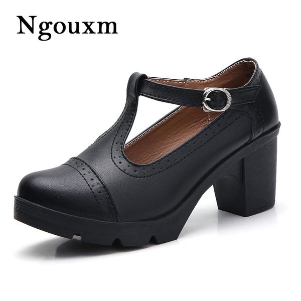 

ngouxm женщины насосы обувь новые t strape brogue высокий квадратный каблук из натуральной кожи на высоких каблуках клина обувь женщина ladi, Black