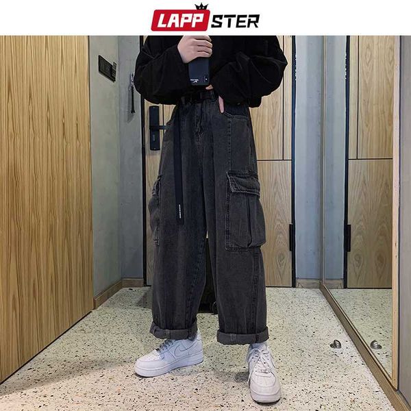

lappster men black baggy jeans big pockets 2020 kpop hip hop harem pants high waisted vintage oversized denim pants plus size, Blue