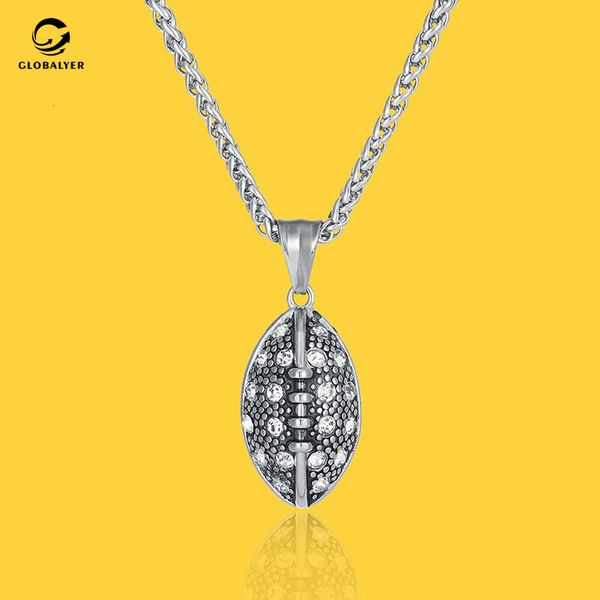 

tide brand hip hop zircon titanium steel necklace male student sports series rugby crystal pendant 415, Silver