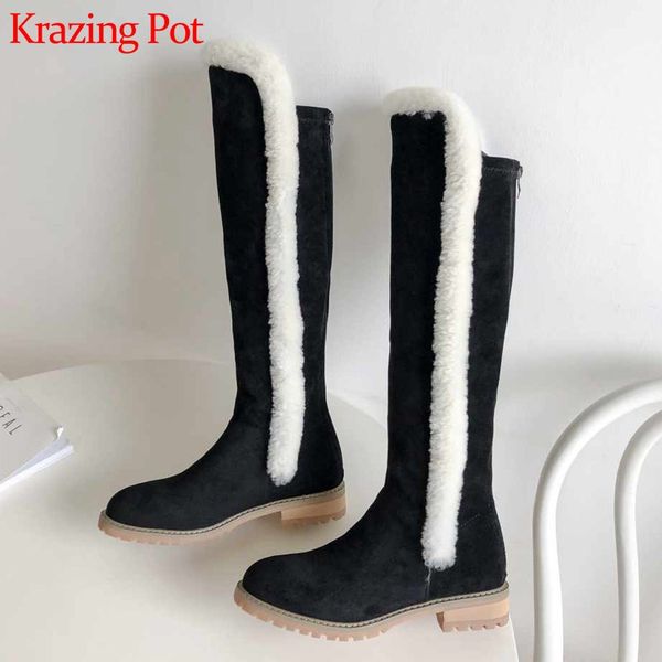 

krazing pot winter fashion mixed colors fur flock boots round toe med heels women daily wear warm thigh high boots l93, Black