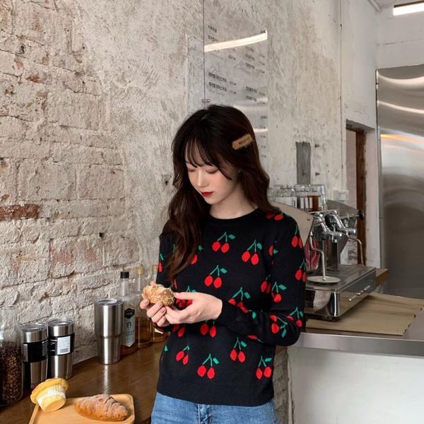 

women's sweater autumn winter vintage cherry knitted sweaters pullover female o-neck slim kawaii jumper pull femme knitwear, White;black