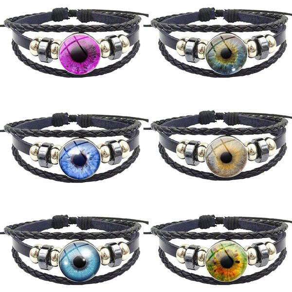 

for women wedding gift glass cabochon jewelry vintage statement black leather bracelet bangle evil eye, Golden;silver