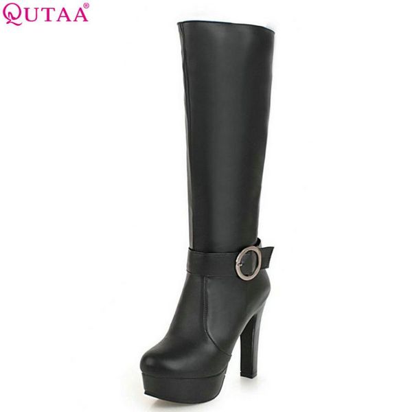 

boots qutaa 2021 women knee high pu leather fashion shoes winter platform all match big size 34-43, Black