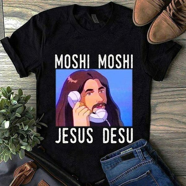 

moshi moshi jesus desu funny meme t shirt black cotton men s 4xl shirt