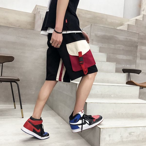 

men's shorts logo sports male baggy student hip hop stitching big pocket overalls quick work casual, White;black