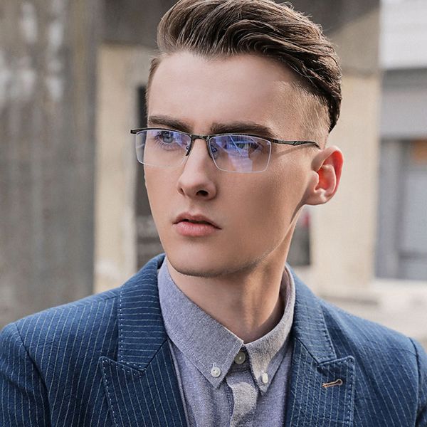 

metal frame glasses half rim eye glasses men business style anti blue ray myopia spectacles optical with spring hinges, Black