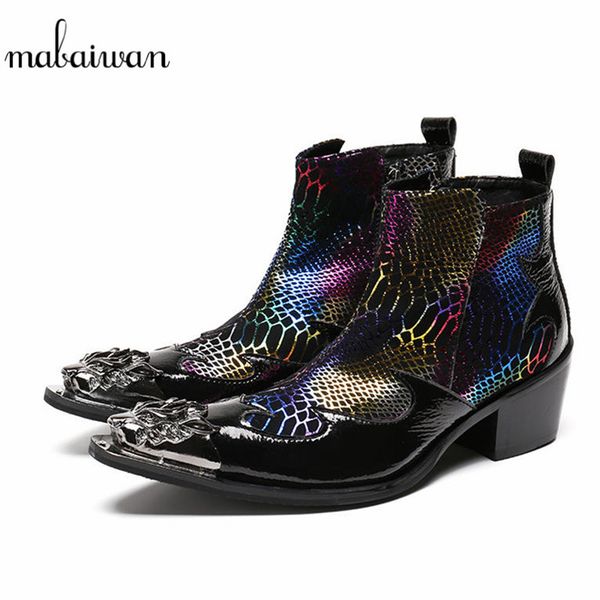 

mabaiwan fashion men shoes metal pointed toe snow ankle boots genuine leather shoes men zip winter autumn cowboy boots, Black