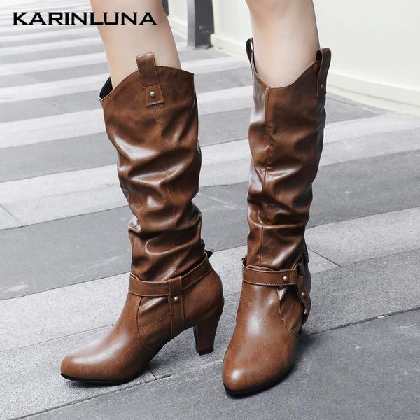 

boots karin large size 33-43 good quality slip-on knee high solid pleated buckle straps autumn winte female shoes, Black