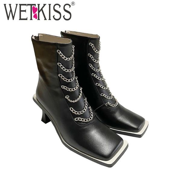 

wetkiss women's ankle boot fashion square toe sliver chain med heel party dress zipper boots, Black