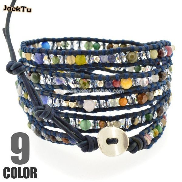 

tennis adjustable mixed stone crystal handmade leather wrap bracelet multi color, Golden;silver