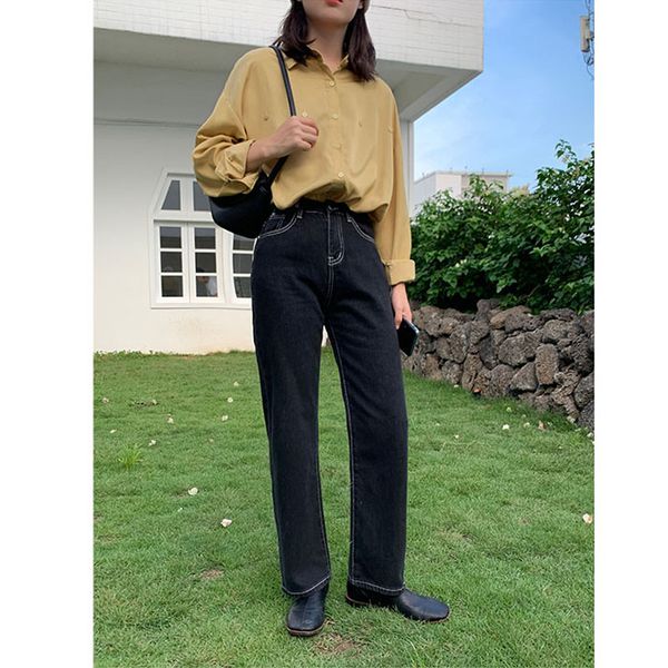 

2020 high waist straight jeans women baagy overalls loose wide leg denim pants washed retro autumn winter long jean, Blue