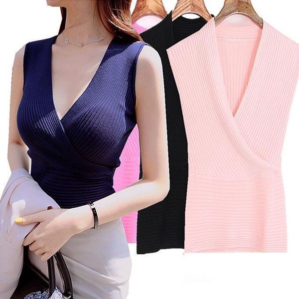 

весна лето нового крест v шея без рукавов пуловеры рубашки свитера для женщин вязаных свитеров sexy жилет топы толкай femme джерси, White;black