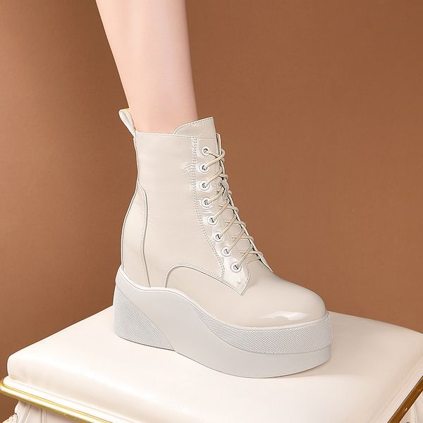 

auutmn winter ladies boots genuine leather platform wedges high heels pumps women lace up party basic shoes woman, Black