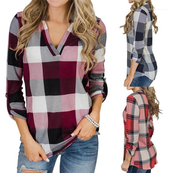 

fashion designer v neck womens shirts long sleeved apparel women plaid printed designer blouses autumn, White