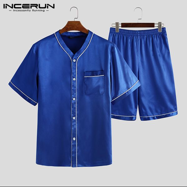

summer men pajamas sets breathable short sleeve soft homewear shorts solid nightwear 2 pieces mens sleepwear sets incerun, Black;brown