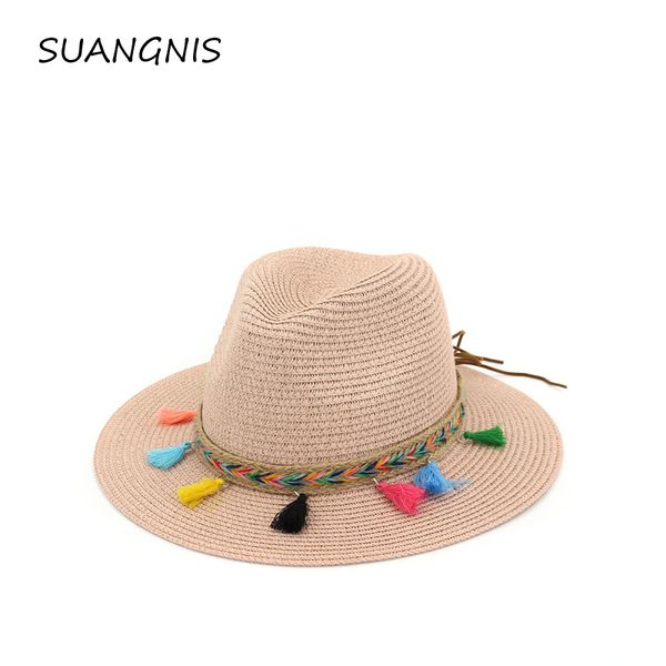 

wide brim hats summer large straw for women beach sun colorful tassels contrast color panama cap chapeau, Blue;gray