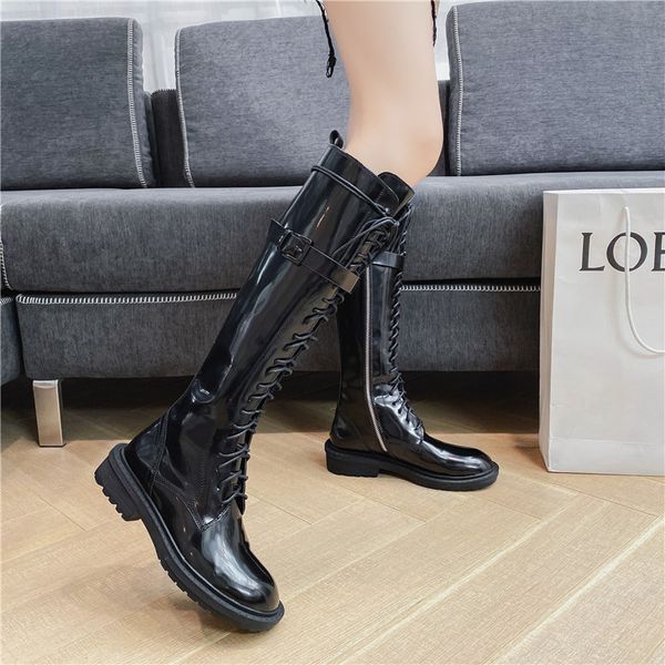 

women booties new winter outdoor warm and comfortable shoes women high boot flat heel shoes fashion lace-up zipper leather boots, Black