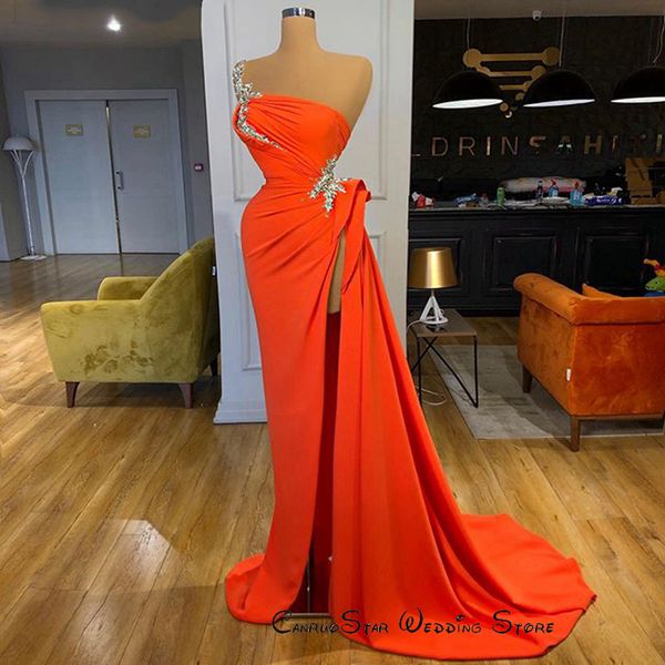 

orange chiffon evening dresses 2020 new arrival one shoulder asymmetrical high slit beaded duba women formal prom dresses, Black