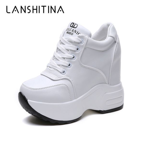 

women's ankle boots autumn pu leather shoes woman platform height increased sneakers 10 cm thick sole wedges white boots, Black