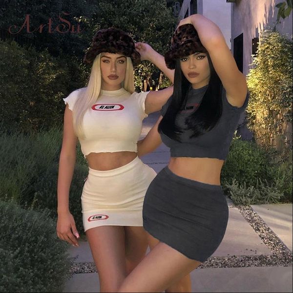 

artsu лето 2 шт набор clubwear printed crop top двухкусочный юбка set sexy short 2 шт эпикировка женщины matching наборы assu60942, Gray