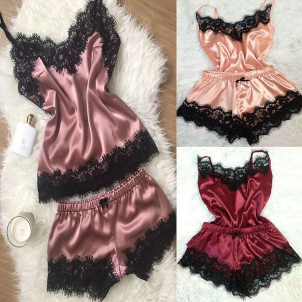 

2020 новый женщины лук пижамы рукавов ремень ночное кружевной отделкой satin cami top pajama наборы femme сексуальное нижнее белье пижамы же, Red;black