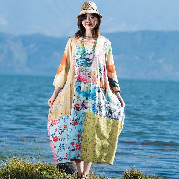 

cotton and linen women's spring mohemian style dress stitching travel pgraphy dress colorful printed robe awu2o, Black;gray