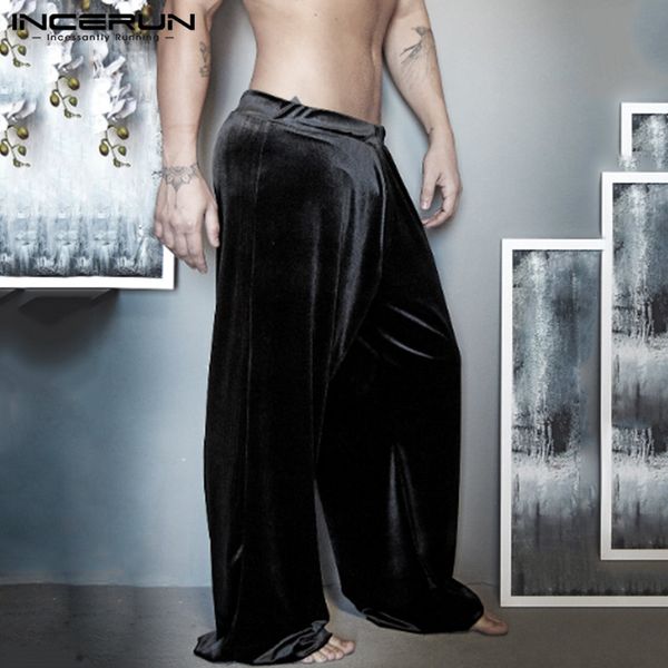 

men's pants men solid color straight streetwear incerun leisure wide leg elastic waist trousers loose pockets pantalon 5xl 7, Black