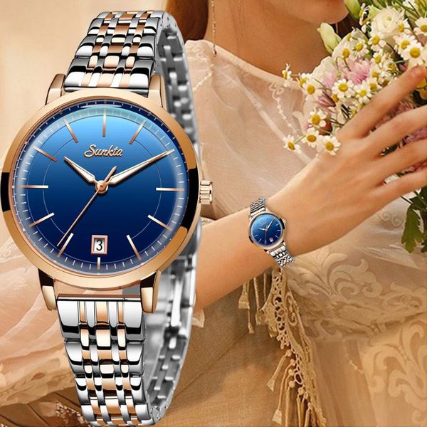 

women watches new sunkta rose gold blue ladies bracelet watch womens quartz dress wristwatch feminino kol saati+box, Slivery;brown