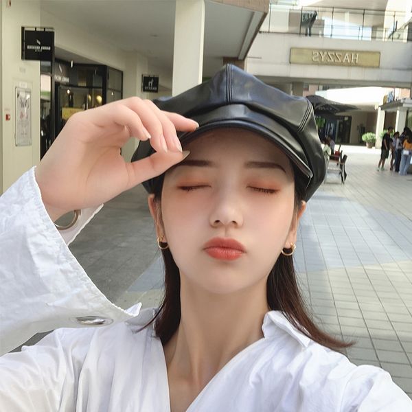 

women pu leather beret hat vintage octagonal hats solid color adjustable fashion lady caps, Blue;gray