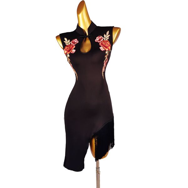 

stage wear 2021 latin dance dress women sleeveless tassel rumba chacha costumes, Black;red
