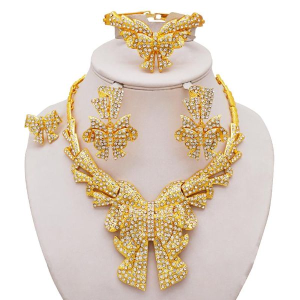 

african jewelry sets gold butterfly earrings ring necklace set female shiny crystal chain fashion new design jewelry party gift, Silver