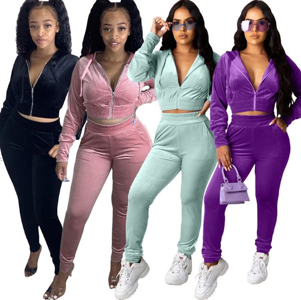 

женщины 2 piece set velvet одежда осень и зима новый корейский женский casual two piece set tracksuit plus размер j865, Gray