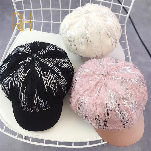 

stingy brim hats 2021 sequin sboy hat stitching pu leather leisure lady octagonal women visors cap rh, Blue;gray