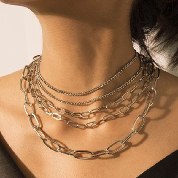 

chokers exknl 2021 retro layered punk chain necklace pendant women choker metal chains goth jewelry grunge aesthetic accessory, Golden;silver