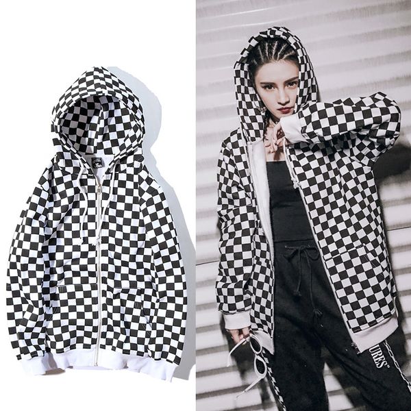 

jvcake black white plaid hoodies for women and men harajuku oversized fleece zip-up autumn hooded sweatshirt streetwear