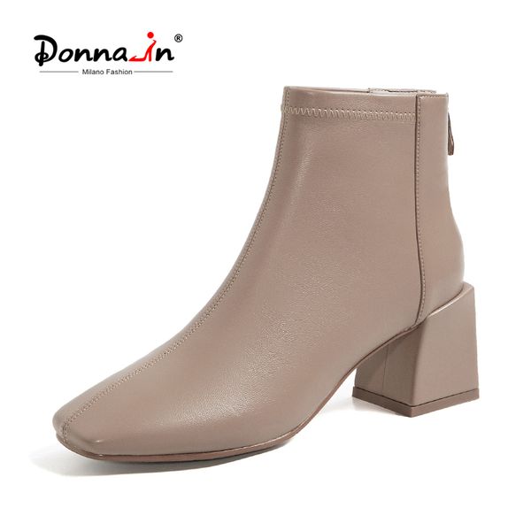 

donna-in high heel ankle boots women genuine leather autumn shoes stretch large size pointed toe zip concise elegant short boots, Black