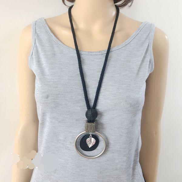 

black rope leather leaf charm pendant necklace, Silver
