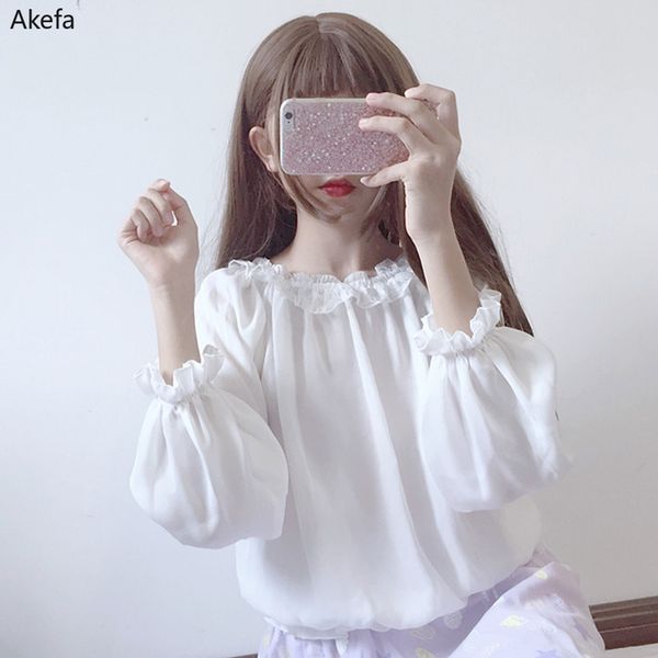 

women spring autumn chiffon shirts kawaii sweet style ruffled lantern sleeve lace patchwork white black loose blouse for student