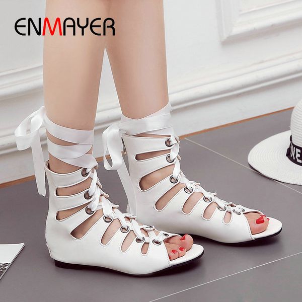 

enmayer sweet 2020 lace-up solid sandals gladiator casual pu shoes woman fashion ankle strap square heel riband flat sandals, Black