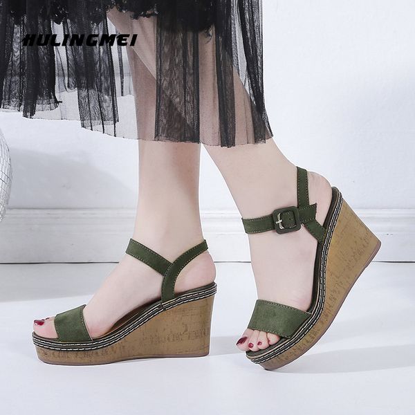 

лето женщины 2020 сандалии искусственная замша женщина дамы пряжки рыбы рот sandalias feamle моды клинья платформы обувь новые, Black