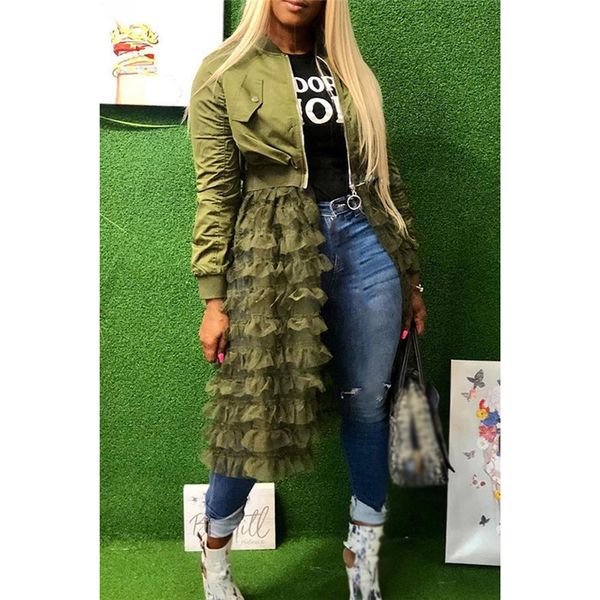 

2020 new autumn fashion womens long sleeve zipper ruffle mesh sheer jacket coat outwear cardigan, Black;brown