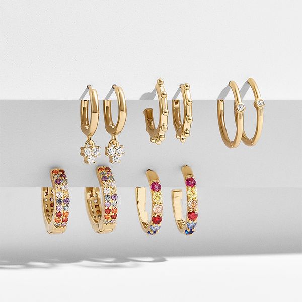 

5pairs/set multicolour cz hoop earrings for women gold color geometric rainbow zircon small earrings set wedding jewelry gifts, Golden;silver