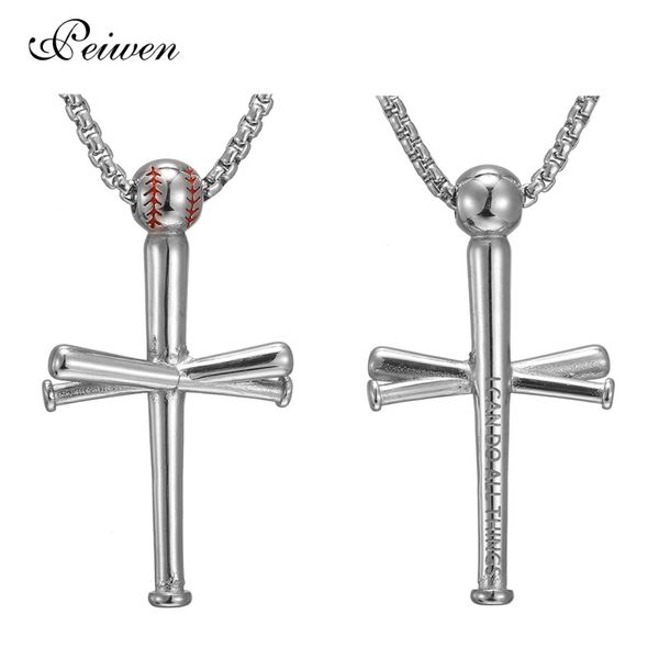 

cross necklace by pendant men sports stainless steel necklace baseball cross choker necklaces for boys gift sports jewelry, Silver