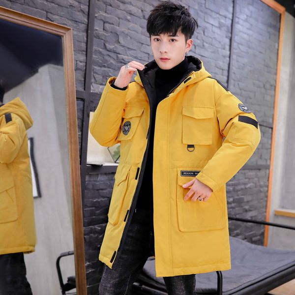 

y06 down jacket men's mid-length hooded overalls long coat white duck down main push price difference 1.p180, Black