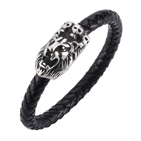 

punk style black braided leather bracelet lion bracelet stainless steel magnetic clasp men jewelry wrist band gifts c0071, Golden;silver