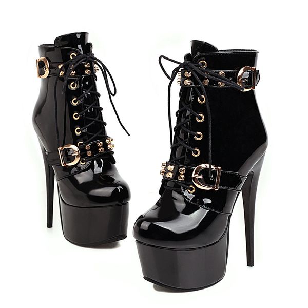 

lucyever women stiletto super high heels ankle boots chunky high platform metal rivet punk boots woman patent leather shoes, Black