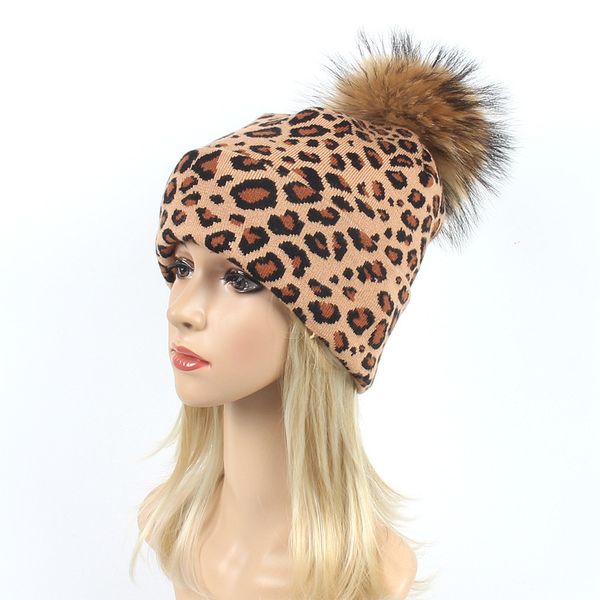 

women's leopard color beanie with raccoon pompom winter warm knitted acrylic slouchy beanies for femme pompom ball skullies, Blue;gray