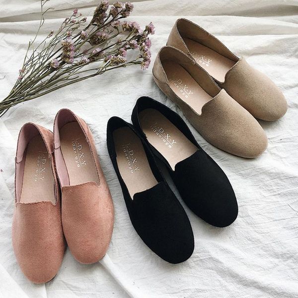 

womens shallow slip on flats comfortable casual suede peas single khaki shoes flock loafers slip-on round toe 2020 new spring, Black